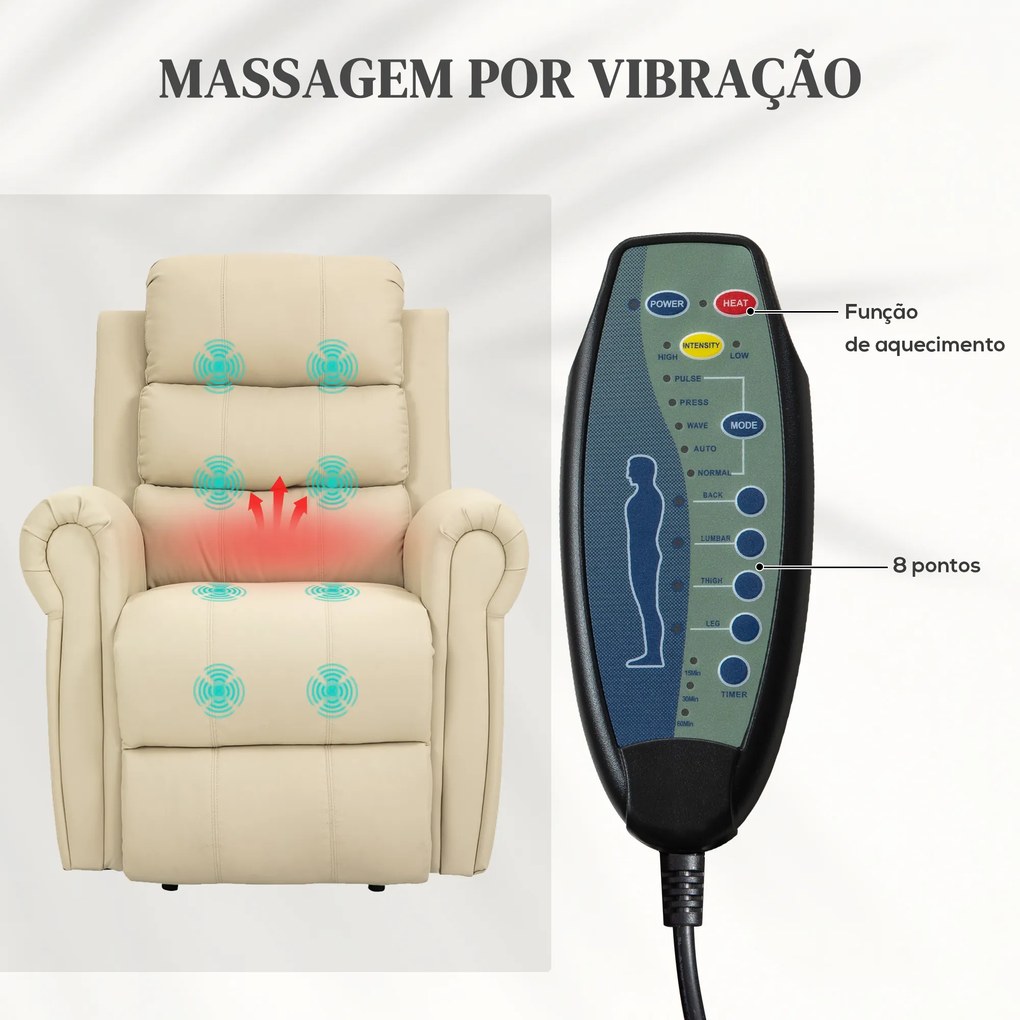 Poltrona Reclinável Elétrica Levanta Pessoas com Massagem Vibratória e Aquecimento  98x96x105 cm Creme
