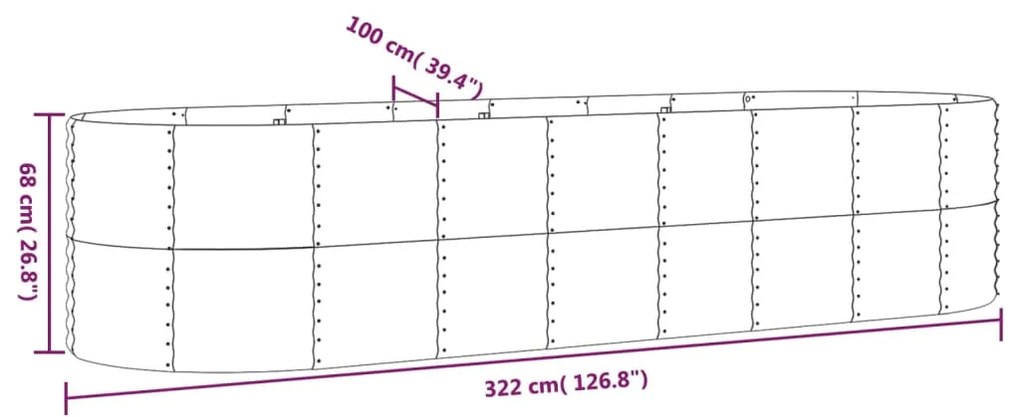 Canteiro elevado jardim 322x100x68 aço revestido a pó cinzento