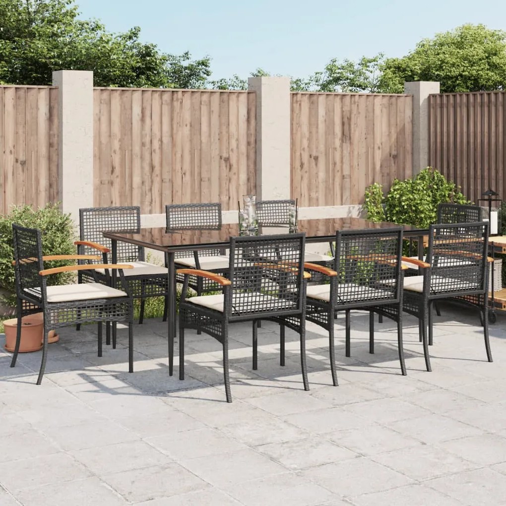 9 pcs conjunto de jantar p/ jardim c/ almofadões vime PE preto