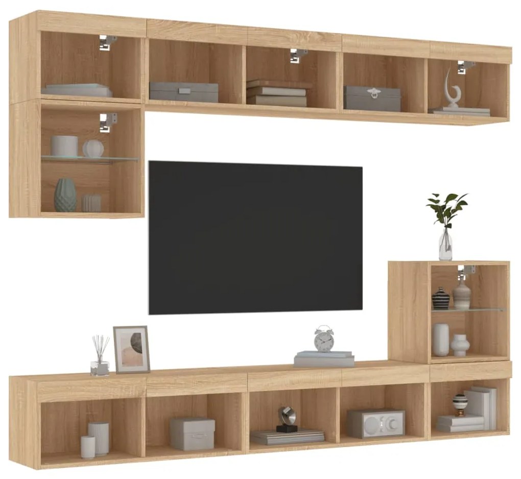 vidaXL 8pcs móveis parede p/ TV c/ LEDs deriv. madeira carvalho sonoma