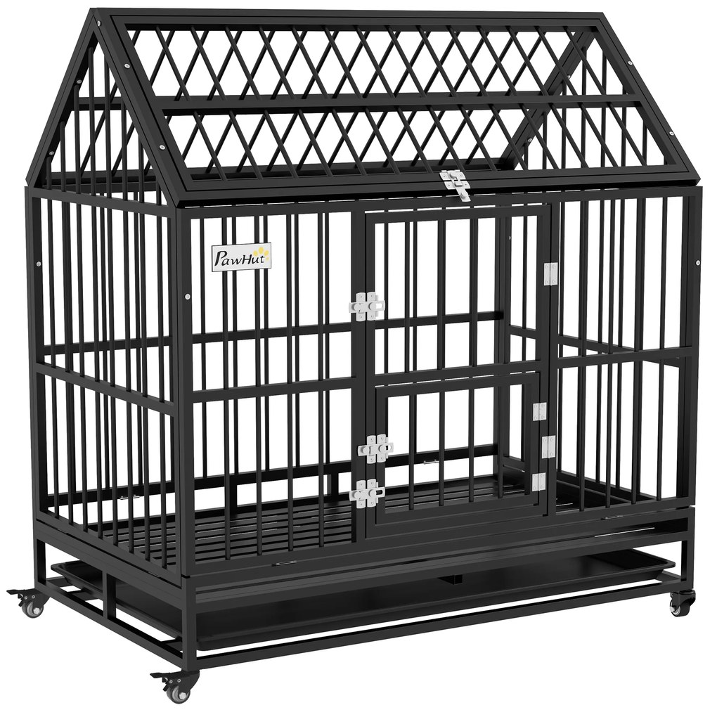 PawHut Gaiola para Cães Grandes 123x74x125 cm Canil Metálico com Rodas Bandeja Removível Trancas e Estrutura de Aço Preto