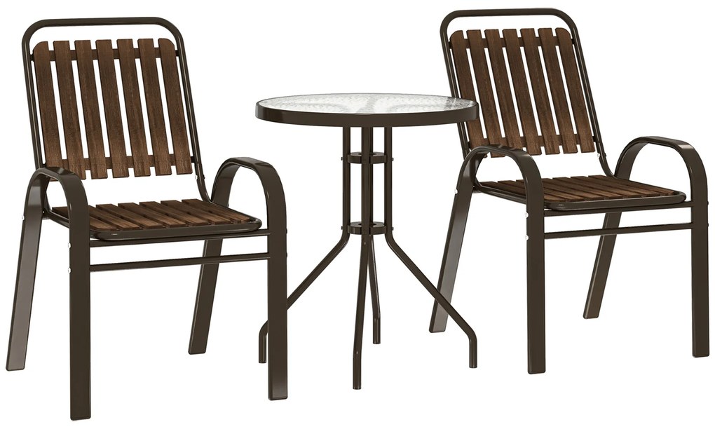 Outsunny Conjunto de Jardim de 3 Peças com 2 Cadeiras Empilháveis Mesa com Bancada de Vidro Temperado Marrom Escuro