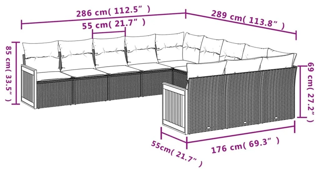 11 pcs conjunto sofás de jardim c/ almofadões vime PE preto