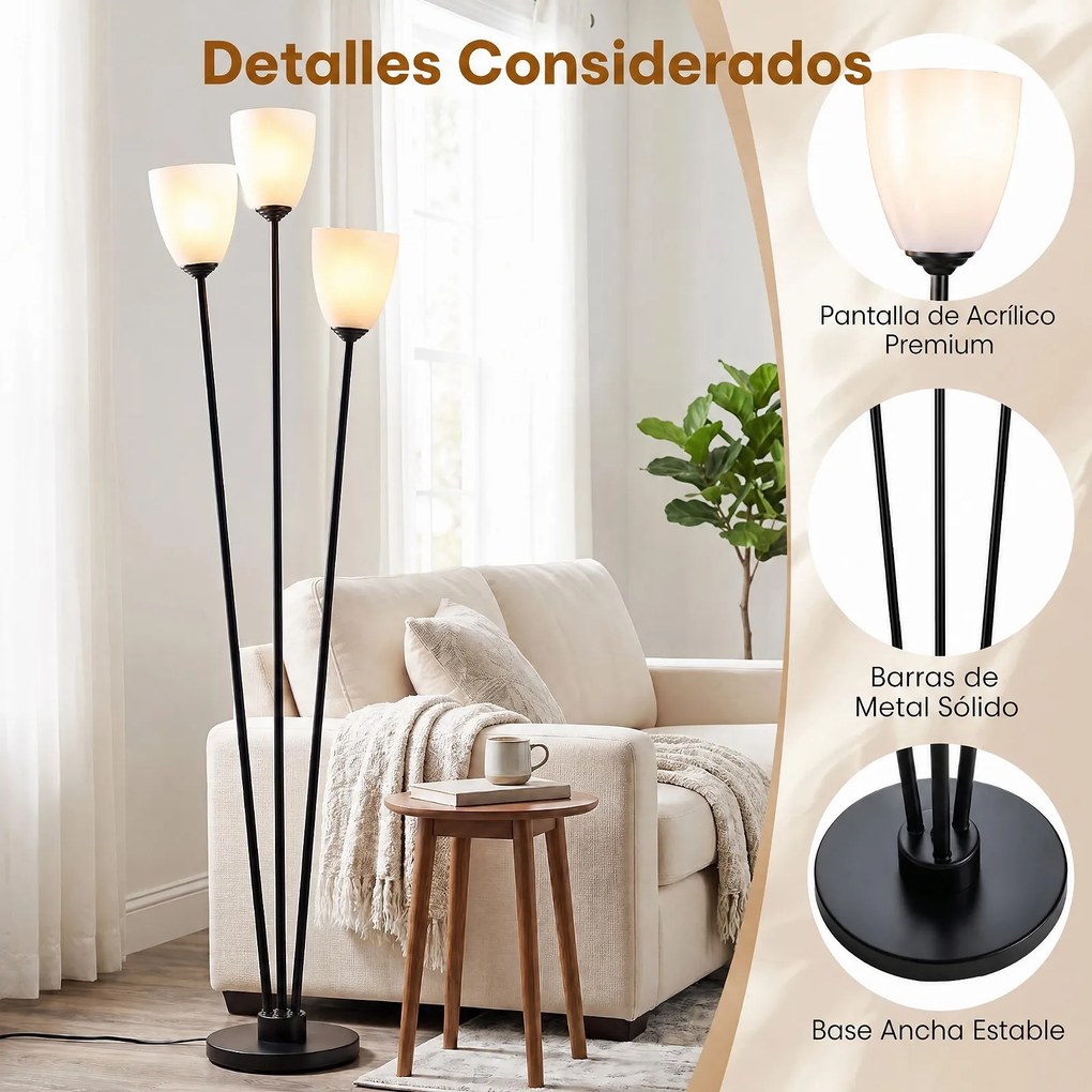 Candeeiro de Pé, 25 x 25 x 132,5 cm, Com 3 Luzes, Preto
