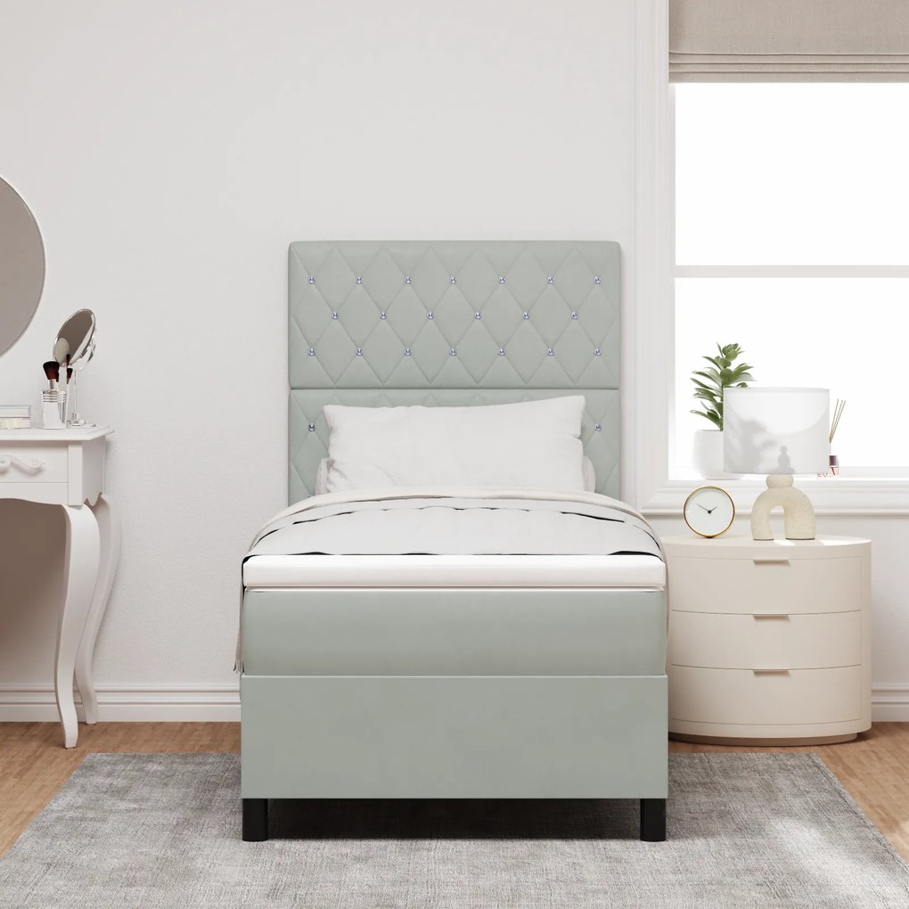 Camas Box Spring vidaXL com Colchão Cinza Claro Solteiro em Veludo