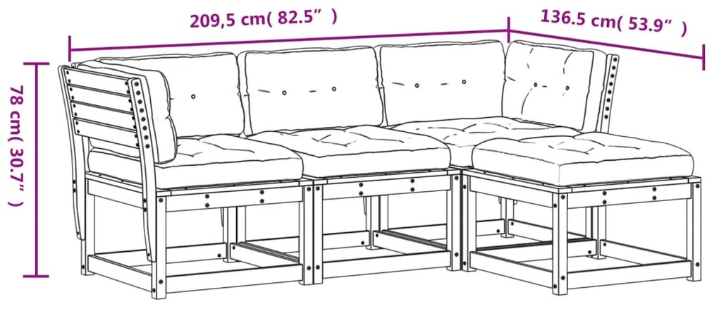 4 pcs conj. lounge jardim com almofadões madeira douglas maciça