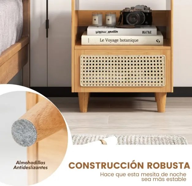 Conjunto 2 Mesas de cabeceira, Mesa apoio em bambu e rattan com gaveta e pés em madeira maciça 43 x 35 x 50 cm Natural