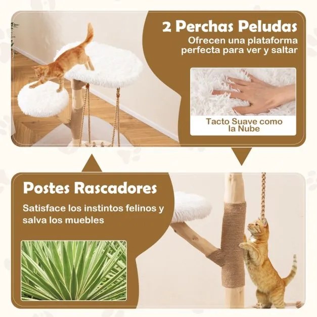 Arranhador para gatos 70 x 50 x 123 cm com rede suspensa, galhos de madeira, postes para arranhar em juta e 2 ganchos Natural + Branco