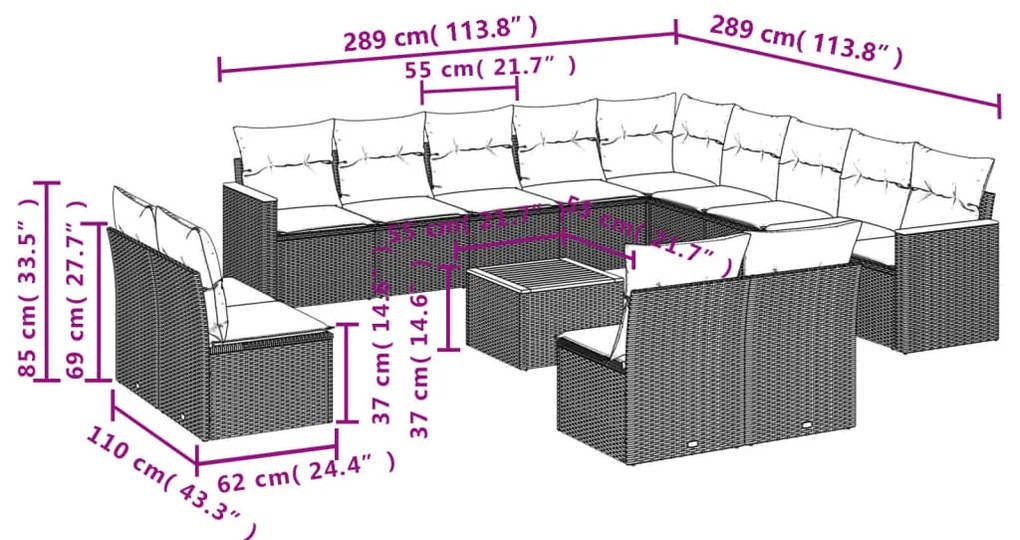 14 pcs conjunto de sofás p/ jardim c/ almofadões vime PE preto