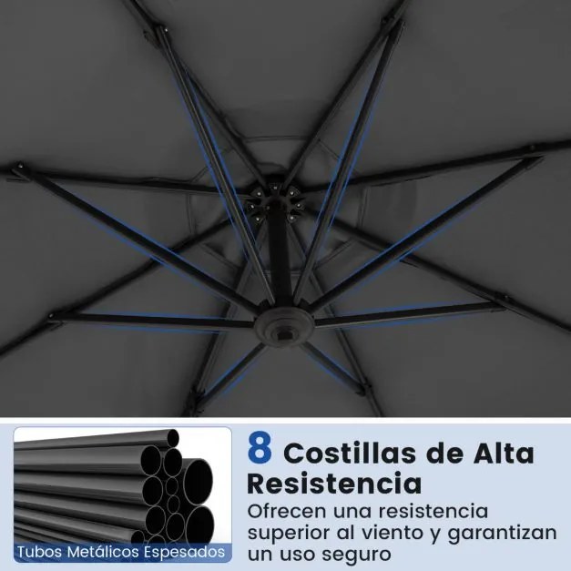 Guarda-sol redondo jardim 294 x 247 cm Guarda-sol suspenso com rotação de 360° Base cruzada 5 inclinações ajustáveis Cinzento