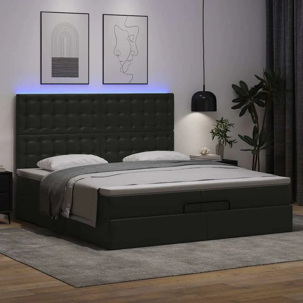 Estrutura de cama otomana com colchões pele artificial preta