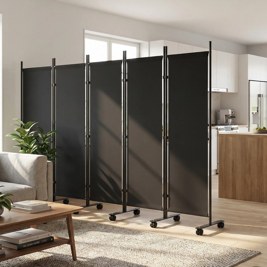 Biombo Dobrável de 5 Painéis com 12 Rodas 252x170 cm Biombo Separador de Ambientes Preto