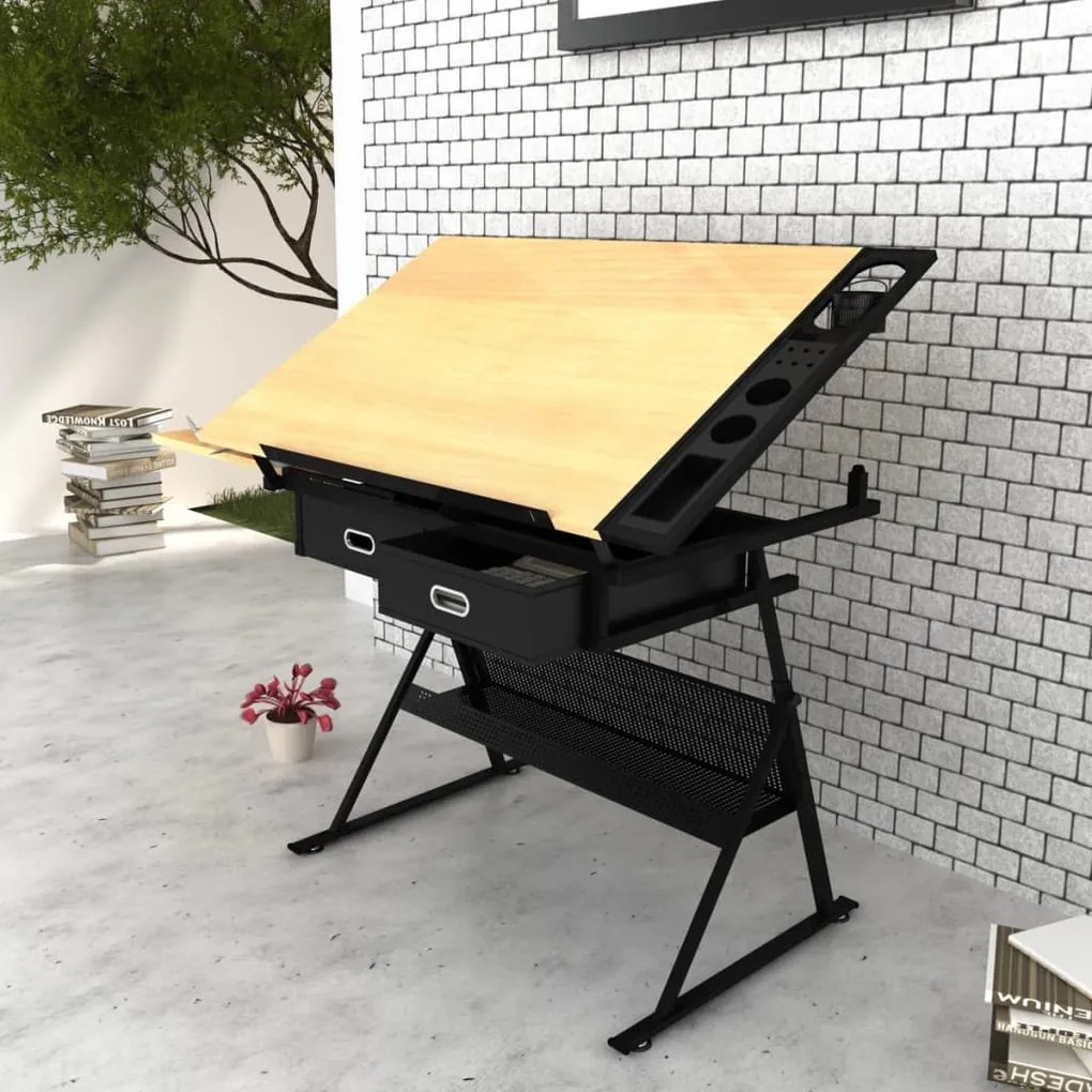Mesa de desenho com tampo inclinável/banco/2 gavetas