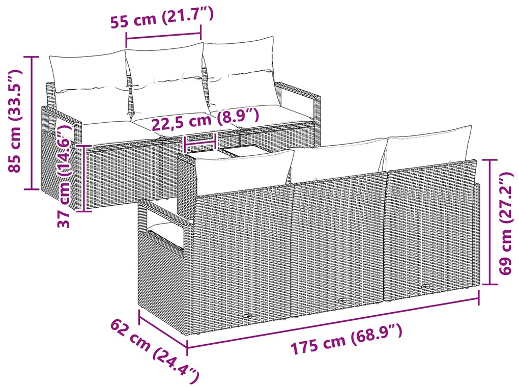 Conjunto de Sofá de Jardim de 7 Peças com Almofadas Preto Vime de Poli
