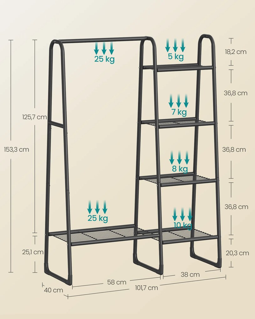 Guarda Roupa com 5 prateleiras e estrutura em aço 40 x 101,7 x 153,3 cm Preto