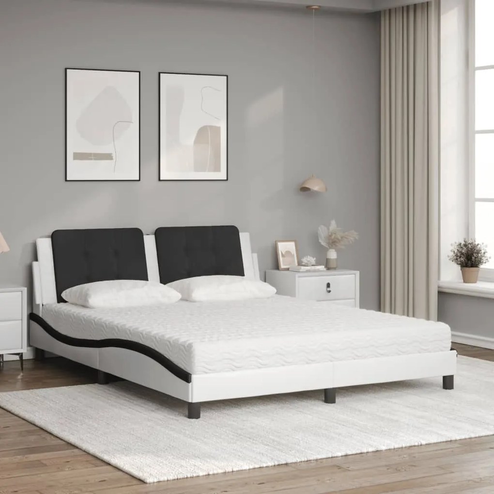 Cama com colchão 160x200 cm couro artificial preto e branco