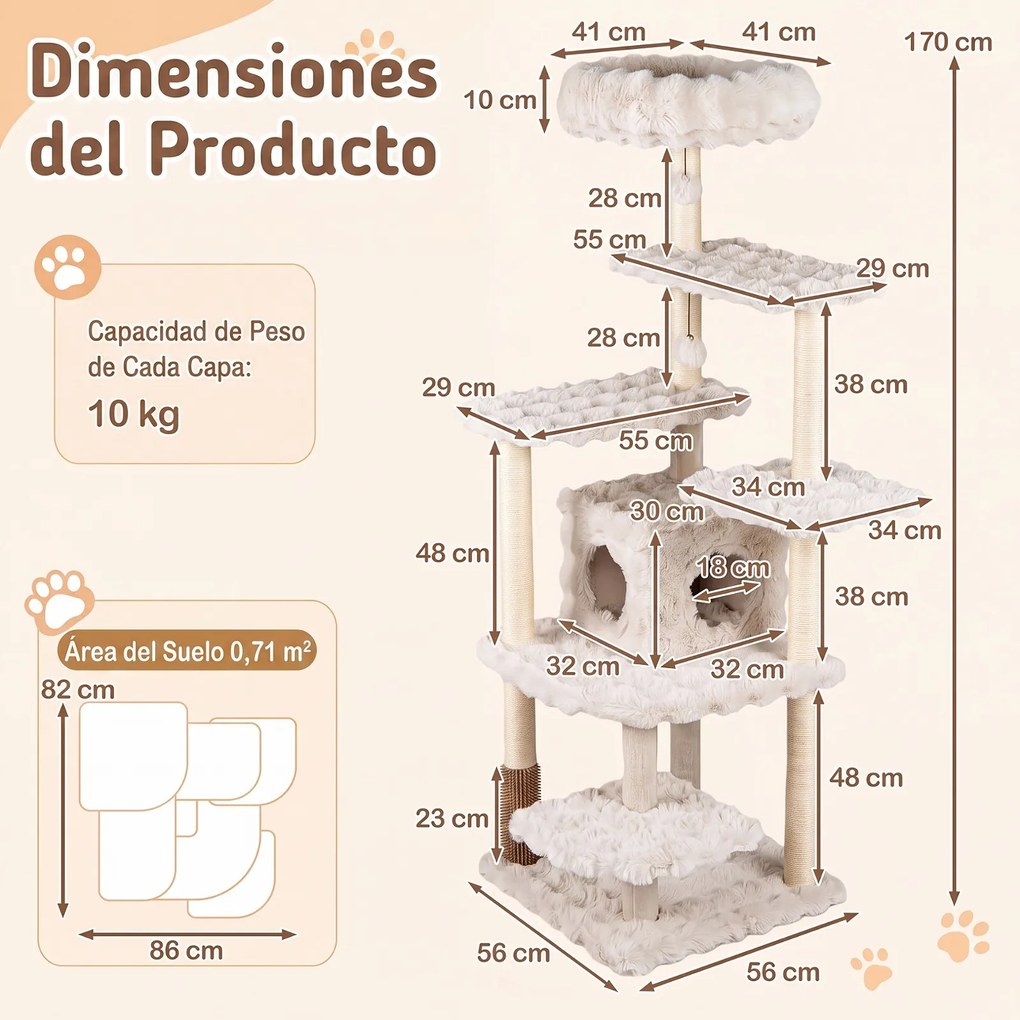 Arranhador para Gatos com Vários Níveis, 86 x 82 x 170 cm, Seis Plataformas e Casota, Bege