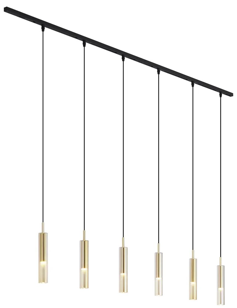 Sistema de calhas de iluminação moderno preto com 6 candeeiros suspensos dourados com vidro âmbar monofásico - Slimline Loyce