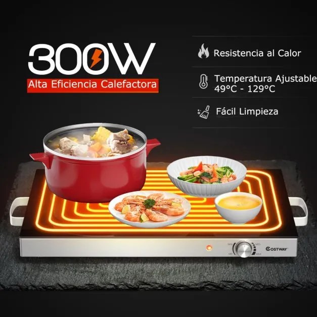 Bandeja aquecedora de aço inoxidável 300 W com tampa de vidro temperado e temperatura ajustável, ideal para buffets, festas e eventos