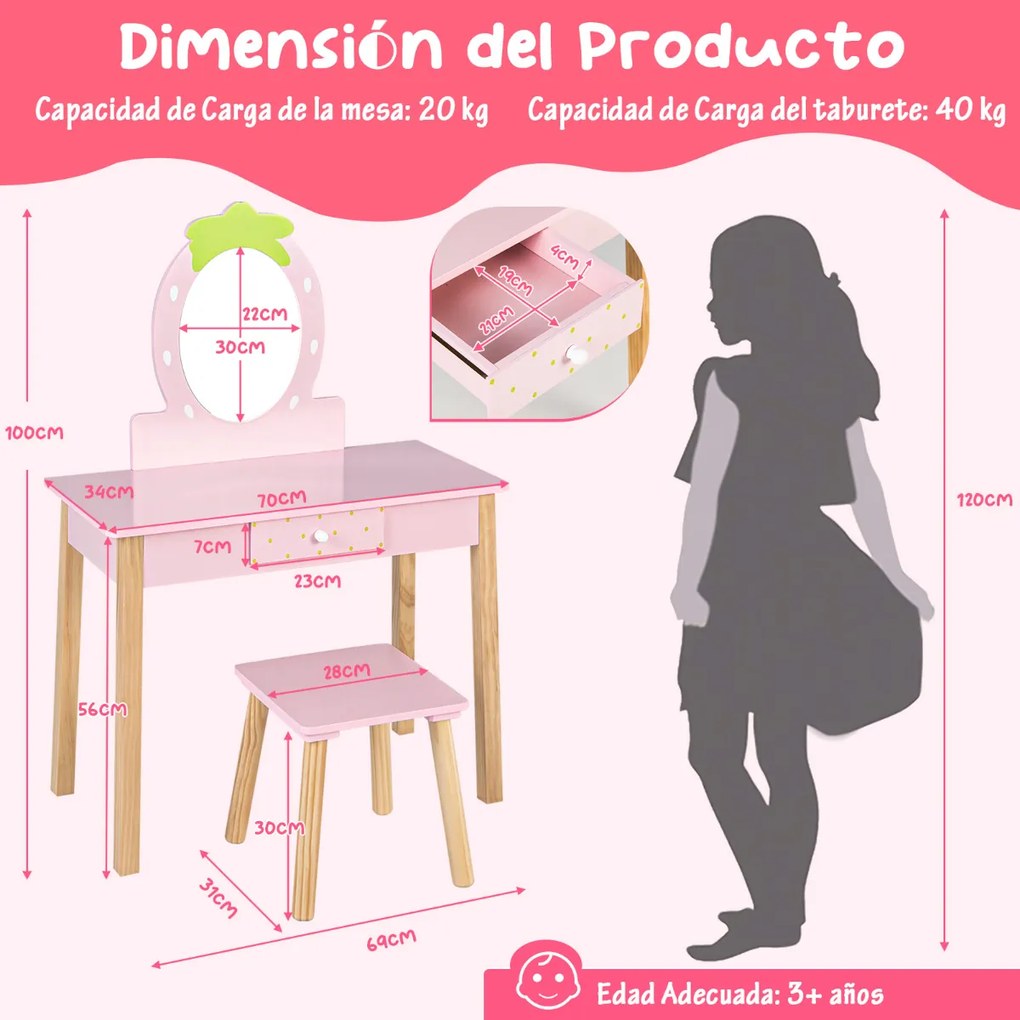 Conjunto de mesa de toucador 2 em 1 com banco, espelho em forma de morango e Gaveta mesa de maquilhagem rosa