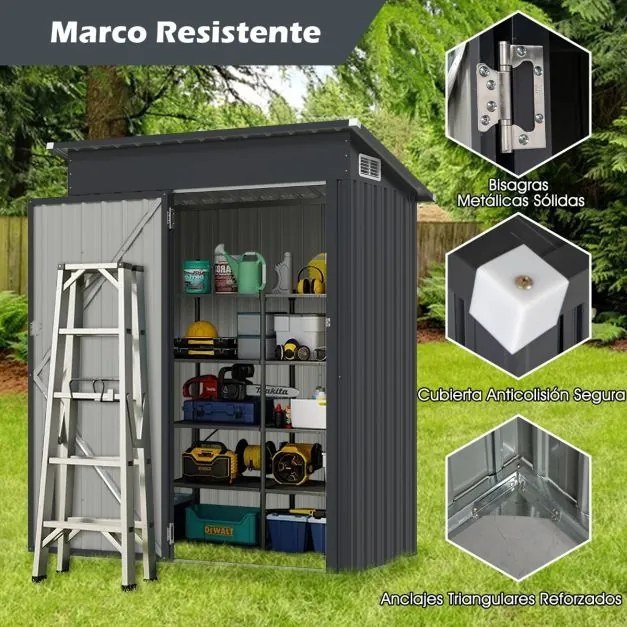 Abrigo jardim para ferramentas para todas as condições meteorológicas com telhado inclinado Porta exterior 150 x 90,5 x 185 cm Cinzento