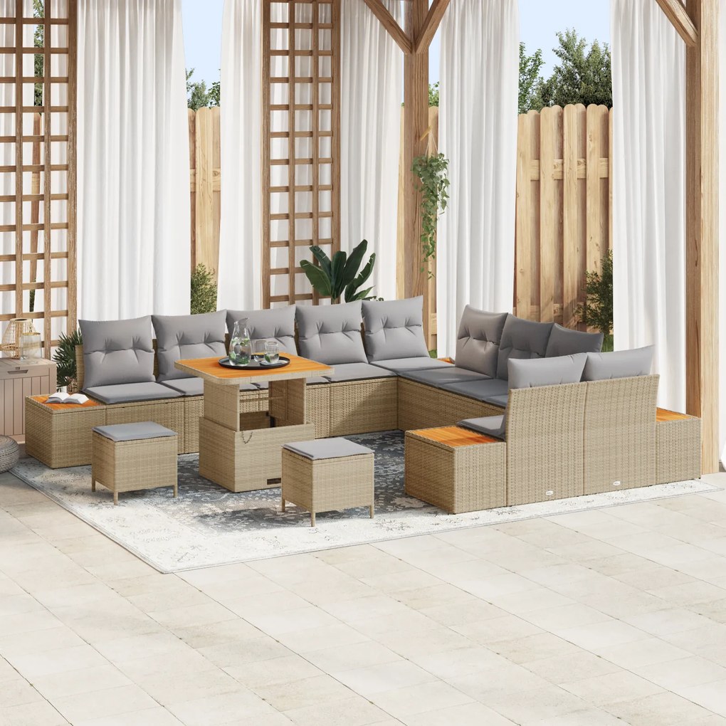 Conjunto de Sofás para Jardim de 13 Peças com Almofadas Bege Vime Acác