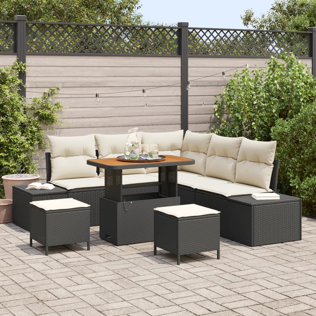 Conjunto de Sofá de Jardim de 8 Peças com Almofadas Preto Rattan Poliéster Acácia