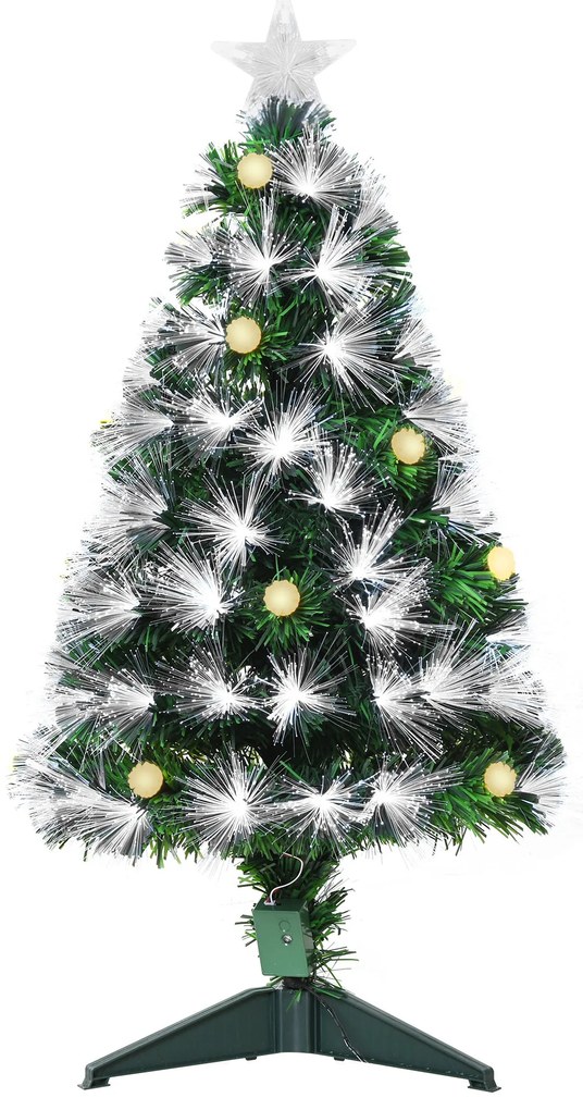 HOMCOM Árvore de Natal 90 cm Árvore de Natal com Fibra Óptica Árvore de Natal Artificial com 90 Luzes LED e 90 Ramos Verde e Branco