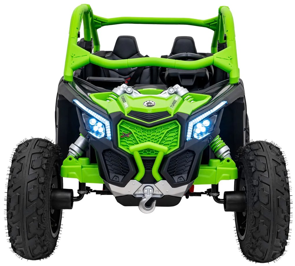 Carro elétrico para Crianças 2 Lugares 24V CAM-AM Buggy Maverick Turbo RR STRONG Motor 320 W, Rodas AR bombeado, assento couro ecológico Verde