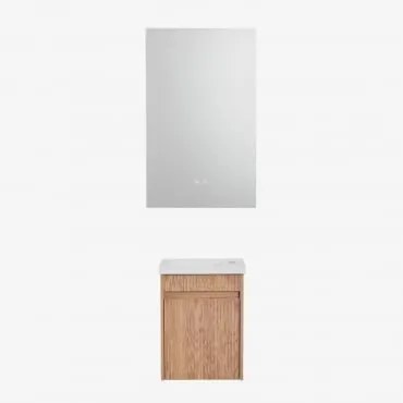 Conjunto De Móvel De Casa De Banho Suspenso Em Madeira Com Lavatório Integrado Narek Castanho Fresno & Retangular Led E Anti-embaciamento - Sklum