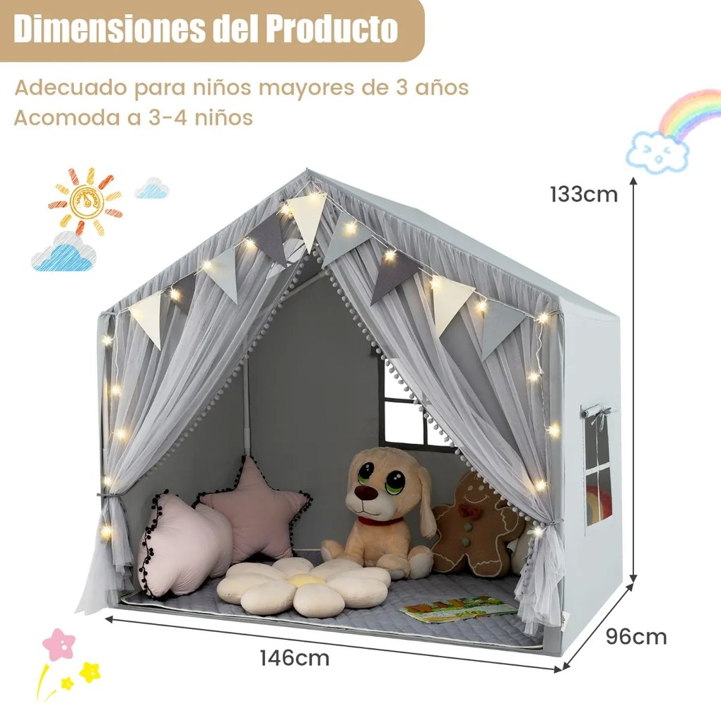 Tenda infantil 146 x 96 x 133 cm com 2 cortinas de tecido e malha, luzes de estrelas, 2 janelas respiráveis e almofada de algodão cinzenta