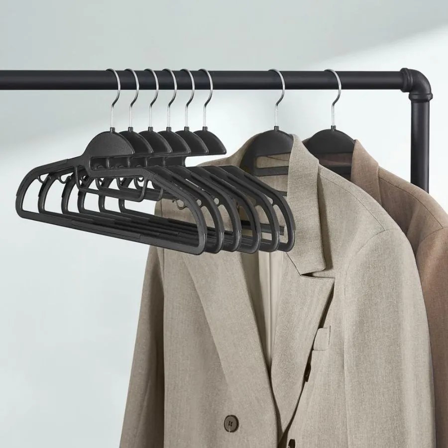 Conjunto 50 Cabides de plástico antiderrapante, compacto, preto