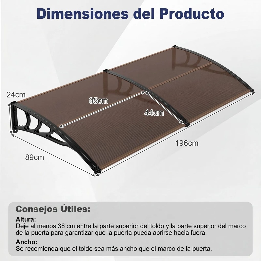 Toldo porta ou janela de Entrada, 197 x 89 x 24 cm, Proteção UV, Castanho
