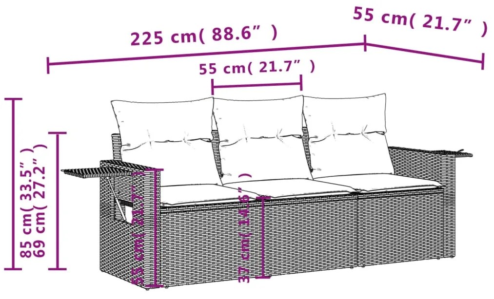 3 pcs conjunto de sofás p/ jardim com almofadões vime PE bege