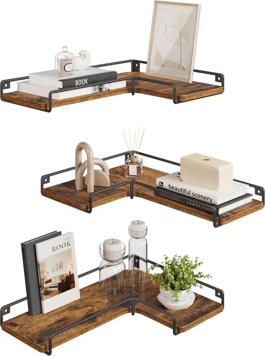 Conjunto de 3 prateleiras de parede em forma de L com design industrial em castanho vintage