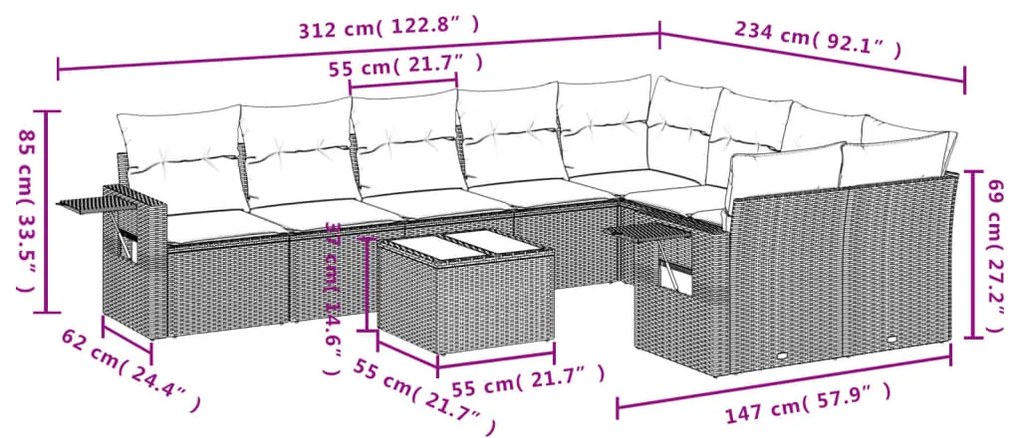 10 pcs conjunto sofás de jardim c/ almofadões vime PE preto