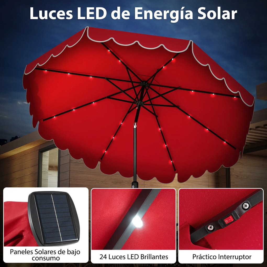 Guarda-sol de pátio de 300 cm com 24 luzes LED, parte superior ventilada, folhos e ajuste de inclinação, Vermelho