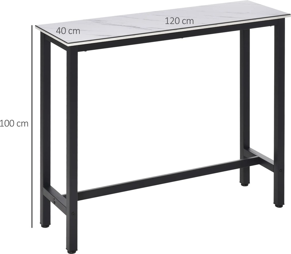 Mesa de bar / Mesa alta de cozinha - dim. 120 (C) x 40 (L) x 100 (A) cm - estrutura e pés em aço, tampo com acabamento em imitação mármore branco
