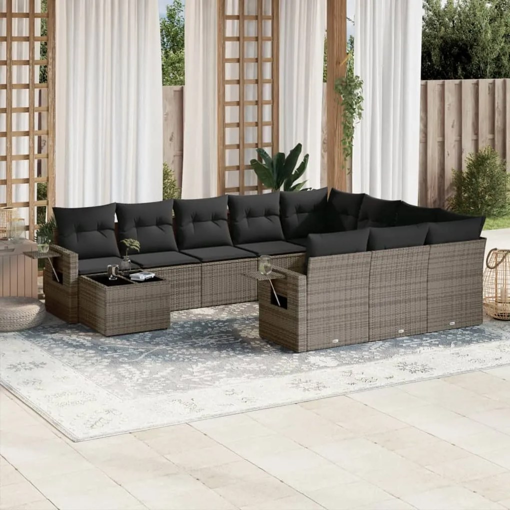 11 pcs conjunto sofás de jardim c/ almofadões vime PE cinzento