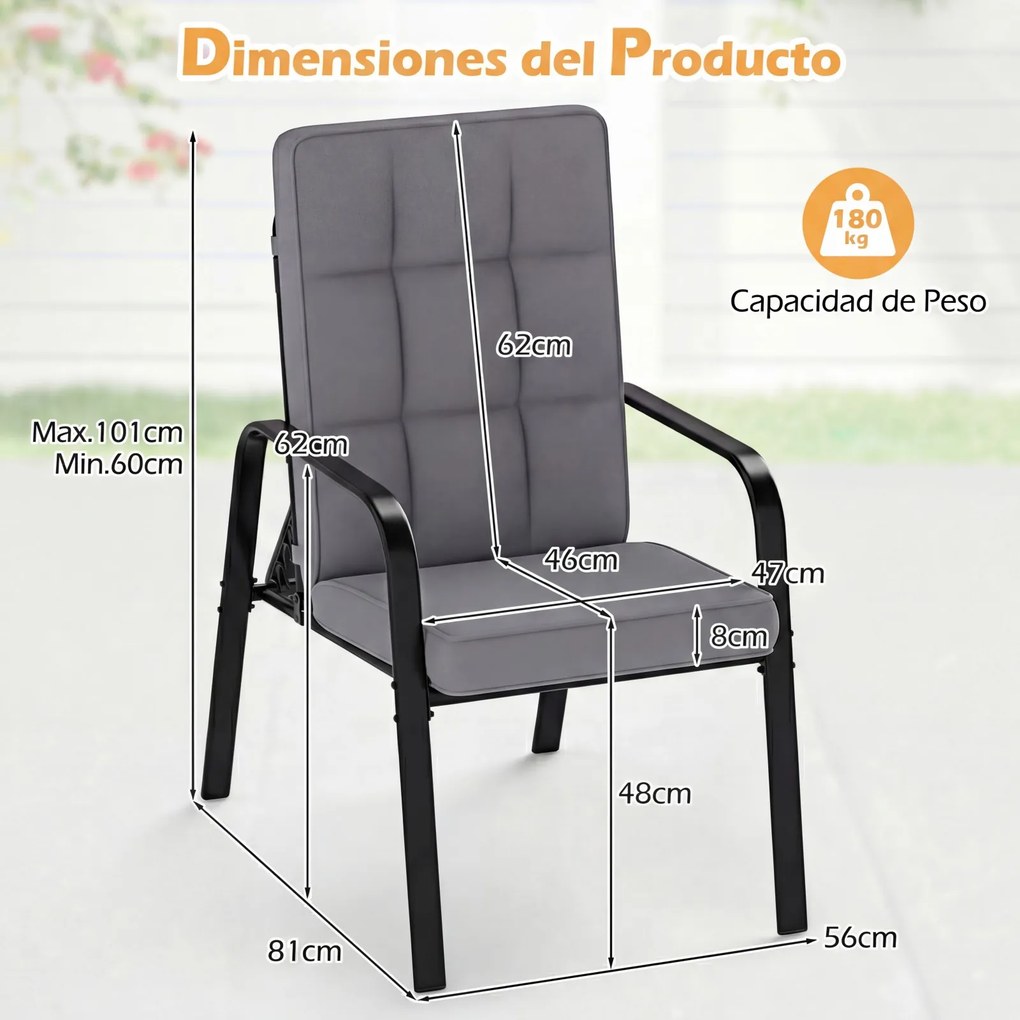 Conjunto de 2 Cadeiras de Jardim Reclináveis, Encosto Ajustável em 5 Posições, Preto + Cinzento