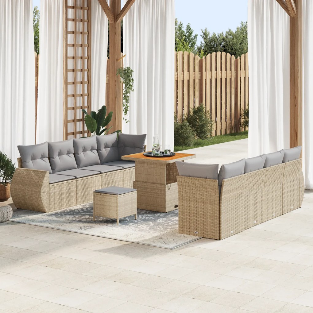 Conjunto de Sofá de Jardim de 11 Peças com Almofadas Bege Poli Rattan
