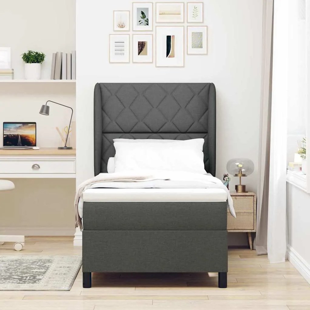 Cama Box com Colchão - Cinza Escuro, 90 x 190 cm, Tecido