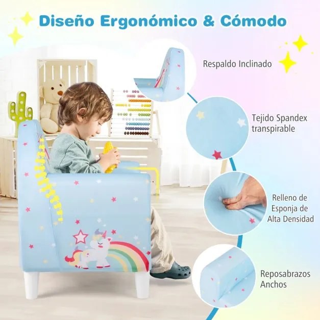 Sofá infantil 55 x 41 x 54 cm com tecido respirável e enchimento de espuma de alta densidade colorido desnho de unicórnio Azul