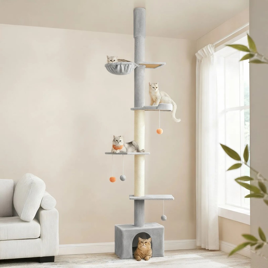 Arranhador para gatos, ajustável em altura, com vários níveis e caverna 70 x 30 x 252 cm cinzento claro