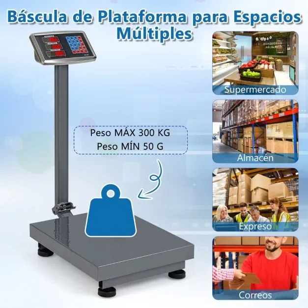 Balança industrial digital computadorizada de 300 kg Balança de plataforma com calculadora de preço Ecrã LED transparente Prata