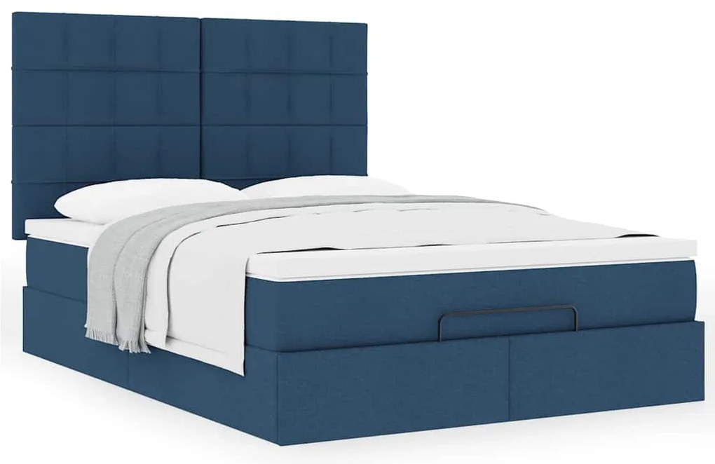 Estrutura de cama otomana com colchão tecido azul 140x200cm