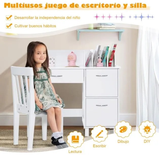 Conjunto de secretária e cadeira para crianças com 4 separadores de livros incorporados, gaveta e armários fechados para meninos e meninas a partir do