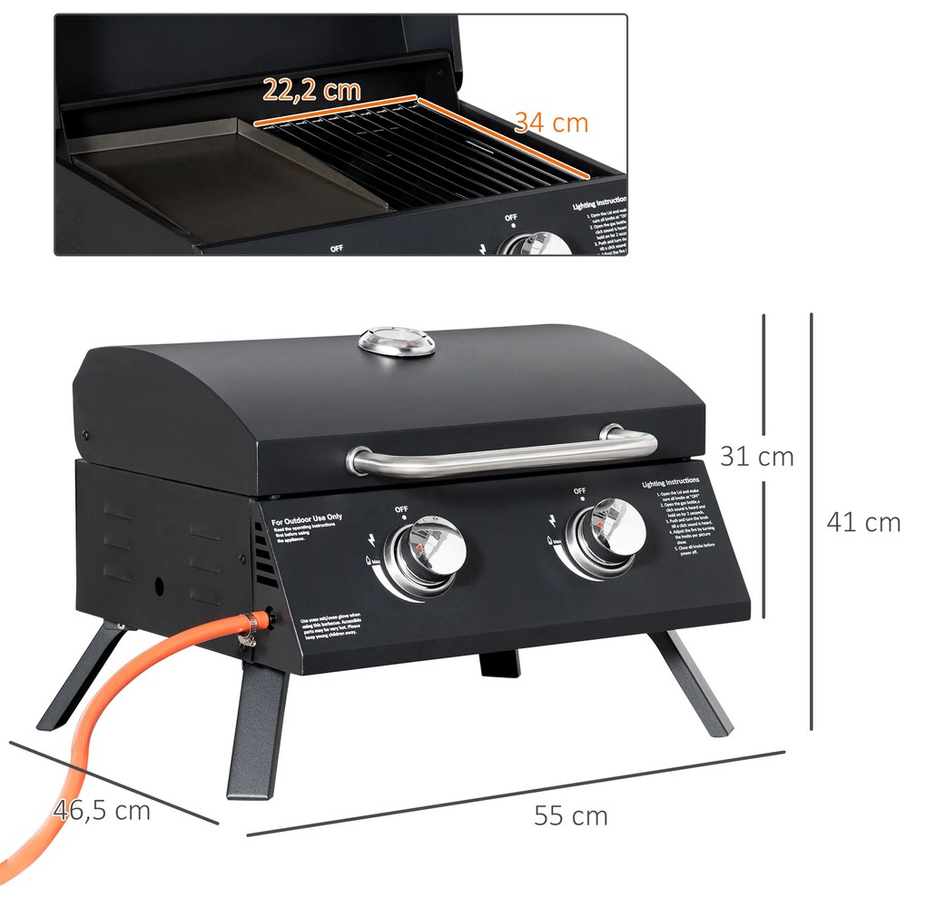 Outsunny Barbecue a Gás Dobrável com 2 Queimadores Churrasqueira à Gás Portátil com Termómetro para Campismo Piquenique ao Ar Livre Jardim 55x46,5x41cm Preto