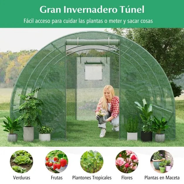 Estufa Túnel de jardim com 6 janelas de enrolar 2 portas com fecho de correr Estrutura de aço galvanizado 4 x 3 x 2 m Verde