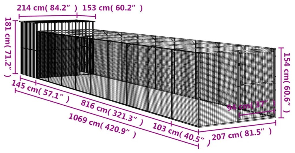 Casota cães c/ parque 214x1069x181 cm aço galvaniz. cinza-claro